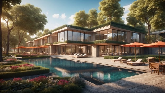 Moderne Architektur eines Resorts mit großem Pool, Sonnenschirmen und grünen Gärten, ideal für Partnerschaften wie Emirates und Trip.com.