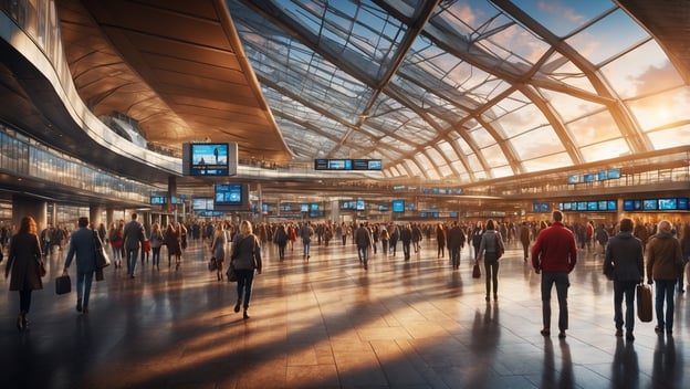 Menschenmenge am Flughafen Hamburg, sichtbar überfüllte Terminals, Fluginformationstafeln zeigen gestrichene Flüge.