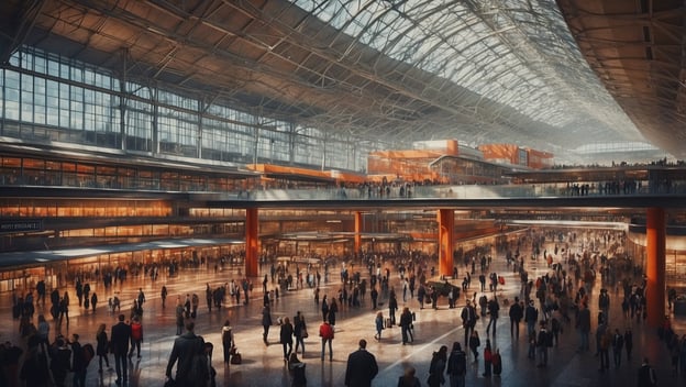 An einem Flughafen warten viele Reisende in einem großen, modernen Terminal, während keine Flüge stattfinden.