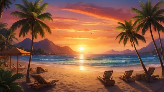 Ein ruhiger Strand mit Palmen, Sonnenliegen und einem malerischen Sonnenuntergang über dem Meer.