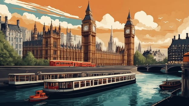 Londoner Kultgericht in Gefahr: Pie and Mash. Blick auf die Themse mit modernen Booten und der Big Ben im Hintergrund.