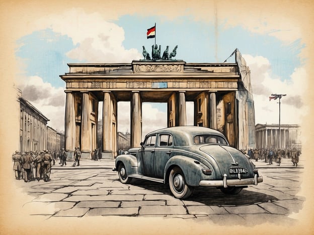 Auf dem Bild ist das Brandenburger Tor in Berlin zu sehen, ein wichtiges historisches Wahrzeichen der Stadt. Es wurde zwischen 1788 und 1791 erbaut und symbolisierte ursprünglich den Frieden. Während der Teilung Berlins stand das Tor direkt an der Grenze zwischen Ost- und Westberlin und wurde somit zum Symbol für die Teilung der Stadt und später auch für die Wiedervereinigung im Jahr 1989.Im Vordergrund des Bildes ist ein klassisches Auto abgebildet, was auf eine frühere Epoche hinweisen könnte. Die Menschenmenge, die sich um das Tor versammelt hat, stellt auch die geschäftige Atmosphäre und die historischen Ereignisse dar, die sich um diesen zentralen Punkt in Berlin abspielten. Das Bild ist eine nostalgische Erinnerung an die verschiedenen Phasen in Berlins Geschichte, von der imperialen Zeit über die Konflikte des 20. Jahrhunderts bis hin zur heutigen Rolle der Stadt als kulturelles Zentrum.