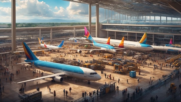 Menschen und Flugzeuge am Flughafen, mit Gepäckwagen und Frachtbereichen, unruhige Stimmung wegen Streik.