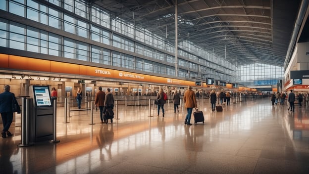 Leere Wartehalle am Hamburg Airport mit wartenden Passagieren und digitalen Anzeigetafeln, alle Flüge fallen aus.