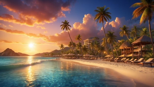 Karibischer Strand mit Palmen, Sonnenuntergang und modernen Resorts, entspannte Liegen am Wasser.
