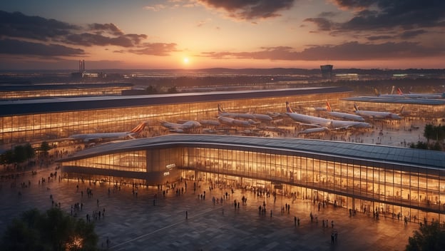Großer Flughafen bei Sonnenuntergang, zahlreiche Passagiere und Flugzeuge sichtbar, Atmosphäre von Reiseunruhe.