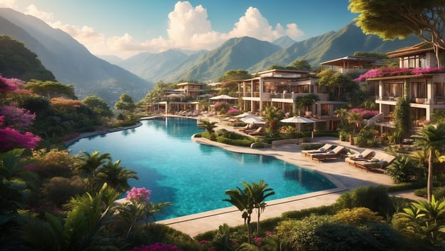 Luxuriöse Hotelanlage am Wasser mit Pool, umgeben von Palmen und blühenden Pflanzen, in malerischer Berglandschaft.
