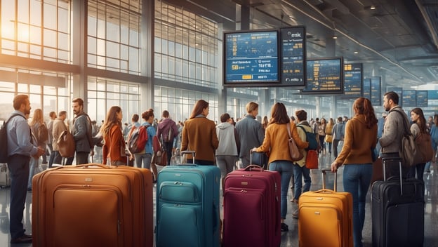 Menschen stehen wartend am Flughafen mit Gepäck, überwiegend unruhige Stimmung wegen ausgefallener Flüge.