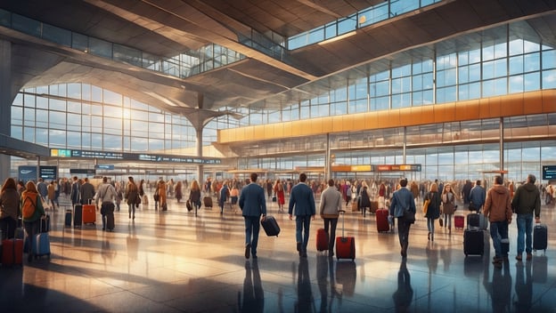 Menschenmenge mit Koffern in einem modernen Flughafen, bei Sonnenlicht, zeigt das Chaos durch Warnstreiks in Deutschland.