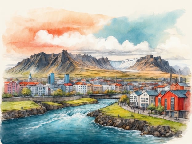 Auf dem Bild ist eine malerische Ansicht von Reykjavik zu sehen, der Hauptstadt Islands. Die Stadt liegt am Wasser und ist von beeindruckenden Bergen und einem Gletscher umgeben.Im Vordergrund sieht man einen Fluss, der durch die Landschaft fließt, sowie verschiedene Gebäude, die in hellen Farben gestaltet sind, darunter mehrere Häuser mit roten Dächern. Die gesamte Szene zeigt die Mischung aus urbanem Leben und eindrucksvoller Natur, die Reykjavik charakterisiert. Der Himmel ist in warmen Farben gehalten, was eine einladende Atmosphäre schafft.