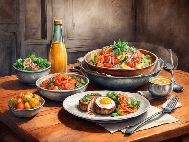Auf dem Bild ist eine ansprechende kulinarische Szene zu sehen, die eine Vielzahl von Gerichten auf einem Tisch präsentiert. Im Mittelpunkt steht ein Teller mit einem Stück Fleisch und einem Spiegelei, umgeben von bunten, frisch zubereiteten Salaten in verschiedenen Schalen. Diese werden ergänzt durch eine Flasche mit Getränk und eine kleine Portion Suppe.Die dargestellte Szene spiegelt die frische und vielfältige Küche Reykjaviks wider, die oft lokale Zutaten und traditionelle isländische Rezepte kombiniert. Die Verwendung von frischem Gemüse und sorgfältig zubereiteten Speisen ist typisch für die gastronomische Kultur der Stadt.