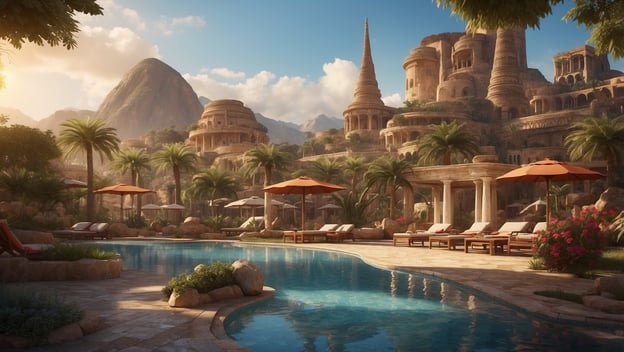 Tropischer Poolbereich mit Liegen, Sonnenschirmen und Palmen vor einer beeindruckenden architektonischen Kulisse.