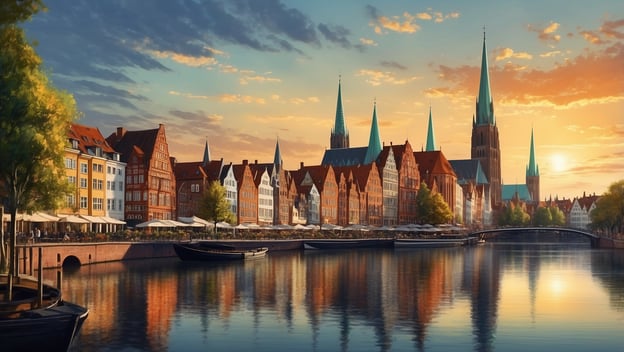 Blick auf die historische Altstadt von Lübeck mit bunten Häusern, Wasserkanal und Kirchtürmen im Sonnenuntergang.