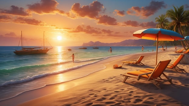 Ein Strand bei Sonnenuntergang mit Liegen, Sonnenschirmen und Menschen im Wasser. Boote sind im Hintergrund zu sehen.