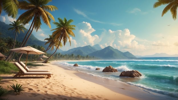 Ein ruhiger Strand mit Palmen, Liegen und einem Sonnenschirm, sanften Wellen und Bergen im Hintergrund.