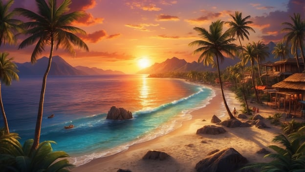 Tropischer Strand bei Sonnenuntergang mit Palmen,Wellen und Hütten, die eine idyllische Karibiklandschaft bilden.
