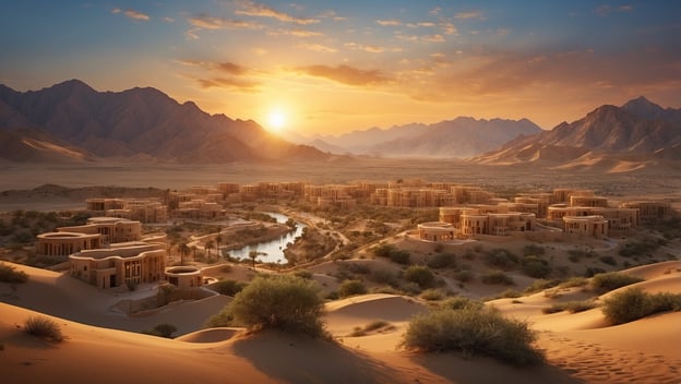 Eine malerische Wüstenlandschaft bei Sonnenuntergang mit modernen Gebäuden und sanften Hügeln in Ras Al Khaimah.