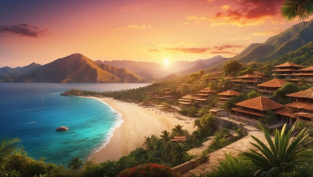 Küstenlandschaft mit Sonnenuntergang, tropischen Bäumen und Strandresorts am Meer, umgeben von Bergen und klarem Wasser.