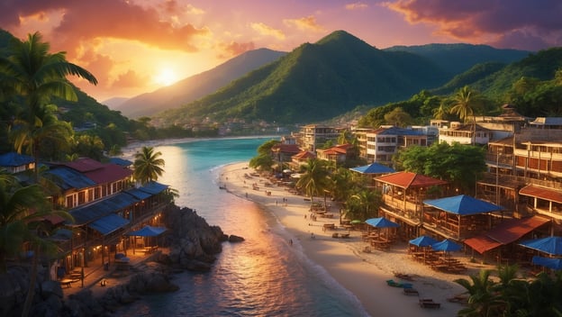 Eine malerische Küstenansicht mit Palmen, bunten Strandhütten und einem Sonnenuntergang über dem Wasser.