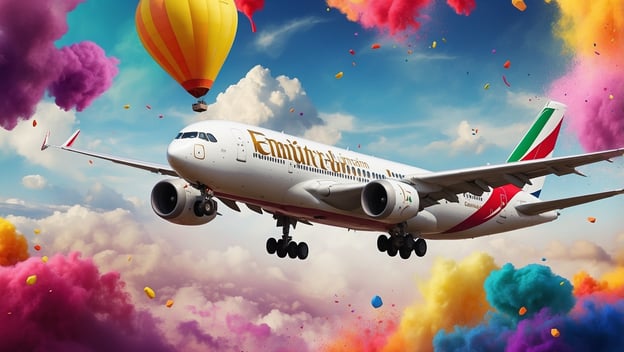 Ein Emirates Flugzeug fliegt durch einen bunten Himmel mit Wolken und farbigen Farbexplosionen.