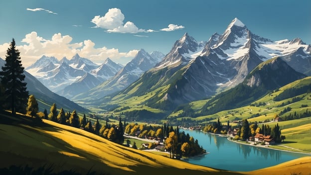 Eine malerische Berglandschaft mit schneebedeckten Gipfeln, grünen Wiesen und einem klaren blauen See im Vordergrund.