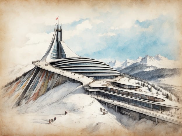 Auf dem Bild ist eine stilisierte Darstellung eines modernen Gebäudes in einer winterlichen Umgebung zu sehen. In Oslo gibt es einige beeindruckende Sehenswürdigkeiten, die möglicherweise als Inspiration für einen solchen Entwurf dienen könnten, wie:1. **Opernhaus Oslo** - Bekannt für seine einzigartige Architektur und die Möglichkeit, auf dem Dach zu spazieren.2. **Holmenkollen-Sprungschanze** - Eine ikonische Skisprungschanze, die atemberaubende Ausblicke über die Stadt bietet.3. **Vigeland-Skulpturenpark** - Teil des Frognerparks, bekannt für seine beeindruckenden Skulpturen und die großzügige Parklandschaft.Die dargestellte Architektur könnte also eine Mischung aus futuristischem Design und der naturnahen Umgebung Oslo sein.