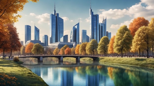 Moderne Wolkenkratzer spiegeln sich im ruhigen Wasser, umgeben von bunten Bäumen im Herbst. Menschen flanieren auf dem Gehweg.