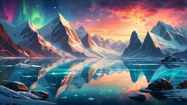 Berglandschaft mit majestätischen Gipfeln, schneebedeckt, und einem ruhigen, spiegelnden Wasser, unter einem farbenfrohen Himmel.