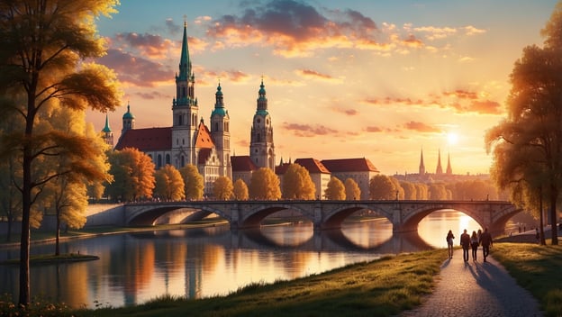 Servus München Ost: Autozug fährt letzte Runde. Sonnenuntergang über einer stilvollen Stadtlandschaft mit Brücke und Spaziergängern.