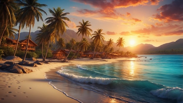 Tropischer Strand mit Palmen, sanften Wellen und Hütten im Sonnenuntergang vor Bergen im Hintergrund.