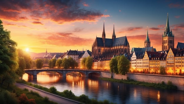 Sonnenuntergang über einer Stadt mit Brücke, historischen Gebäuden und einem Fluss im Vordergrund, umgeben von Bäumen.