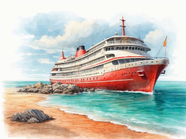 Auf dem Bild ist ein historisches Passagierschiff zu sehen, das an einer Küste angespült wurde. Diese Art von Schiff könnte mit bekannten Kreuzfahrten oder maritimen Erlebnissen in Verbindung gebracht werden, ähnlich wie der berühmte „Titanic“-Blick oder luxuriöse Kreuzfahrtschiffe in beliebten Reisezielen wie Miami oder der Karibik.Die Szene spielt an einem sandigen Strand mit klarem Wasser, was an tropische Destinationen erinnert, wie die Bahamas oder die Riviera Maya. Felsen im Vordergrund könnten auch an Küstenregionen wie die Amalfi-Küste in Italien erinnern. Insgesamt vermittelt das Bild den Eindruck von Abenteuer und Erkundung in malerischen Küstengebieten.