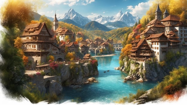 Idyllisches Dorf mit mehrstöckigen Gebäuden, einer blauen Flusslandschaft und Bergen im Hintergrund, umgeben von buntem Herbstlaub.