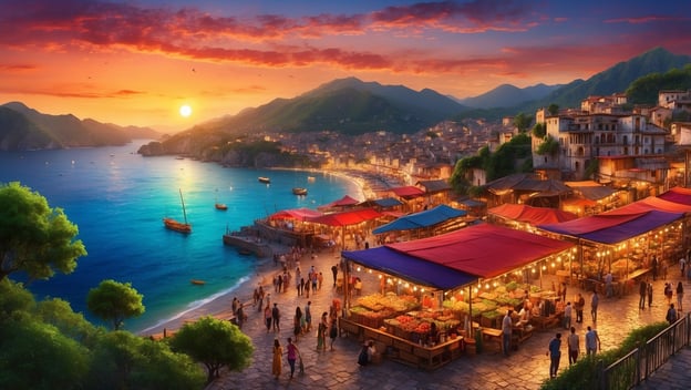 Bunter Markt am Strand bei Sonnenuntergang mit Menschen und bunten Ständen, umgeben von Bergen und Wasser.