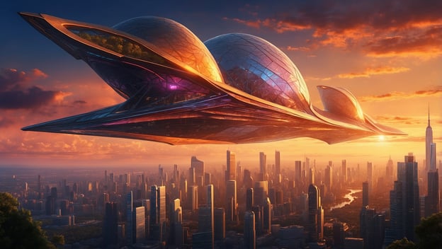 Eine futuristische, schwebende Struktur mit glitzernder Oberfläche über einer modernen Stadtlandschaft im Sonnenuntergang.