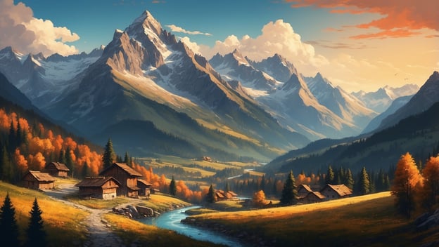 Eine idyllische Alpenlandschaft mit Bergen, herbstlichen Bäumen, einem Fluss und traditionellen Holzhäusern.