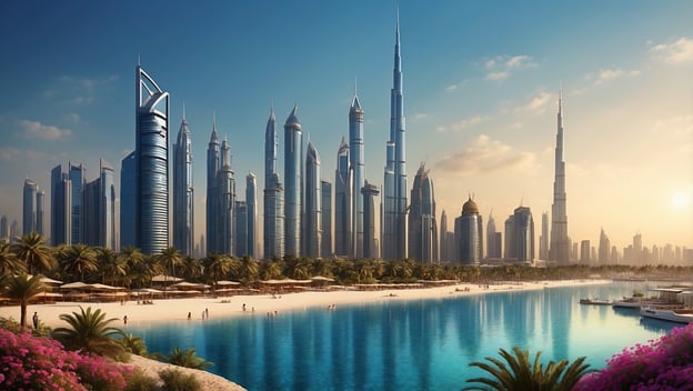 Moderne Wolkenkratzer am Wasser mit Palmen und Sandstrand unter blauem Himmel in Dubai, symbolisiert das Hotelwachstum.
