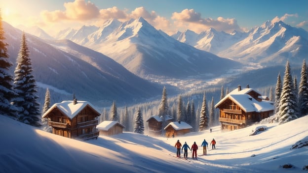 Skifahrer in bunten Anzügen gehen durch schneebedeckte Landschaft mit Bergen und Hütten im Hintergrund.