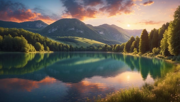 Ruhiger See umgeben von Bergen und Wäldern bei Sonnenuntergang, mit schönen Reflexionen im Wasser.