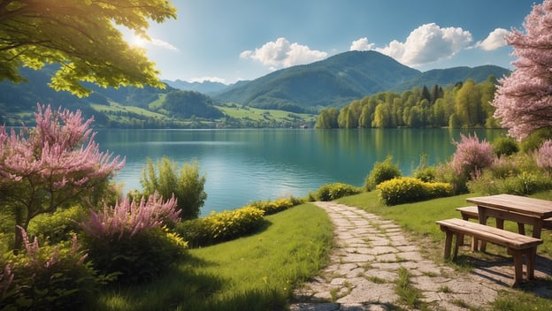 Am Mondsee blühen pinke Sträucher, das Wasser schimmert blau, und eine steinerne Bank lädt zur Entspannung ein.