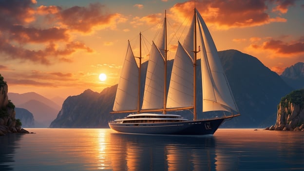 Eine elegante Segelyacht mit weißen Segeln schwebt ruhig auf glattem Wasser, umgeben von Bergen und einem Sonnenuntergang.