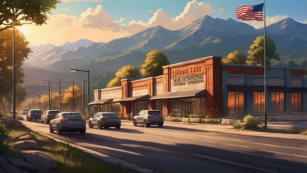 Eine Straße mit mehreren Autos, angrenzend an ein Geschäft in einer malerischen Landschaft mit Bergen im Hintergrund.