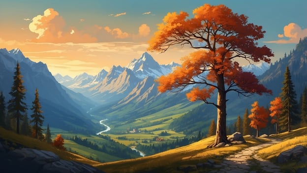 Herbstliche Landschaft mit bunten Bäumen, Bergen, einem klaren Fluss und einem ruhigen Wanderweg in der Natur.