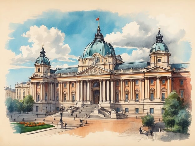 Auf dem Bild ist ein prächtiges Gebäude mit einer imposanten Fassade und beeindruckenden Kuppeln zu sehen. Es erinnert an die Architektur in Warschau, insbesondere an das historistische und neoklassizistische Design, das die Stadt nach ihrer Wiederaufbauphase nach dem Zweiten Weltkrieg geprägt hat.Warschau hat eine reiche Geschichte, die von verschiedenen Epochen und Kulturen beeinflusst wurde. Die Stadt hat im Laufe der Jahrhunderte viele Veränderungen erlebt, darunter die Zerstörung während des Krieges und den anschließenden Wiederaufbau, der oft Elemente der alten Architektur mit modernen Aspekten kombinierte. Dieses Gebäude könnte symbolisch für die Resilienz und den kulturellen Reichtum Warschaus stehen.