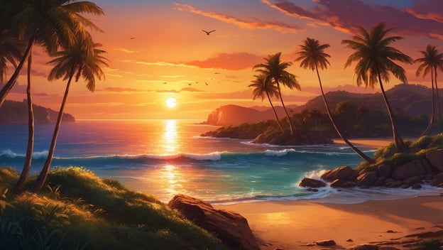 Sonnenuntergang an einem Strand mit Palmen, Wellen und einer ruhigen Küstenlinie, umgeben von sanften Hügeln.