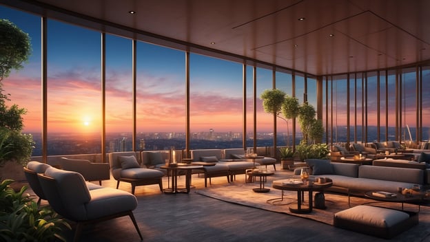 Elegante Lounge mit Panoramafenstern, gemütlichen Sitzgelegenheiten und Sonnenuntergangsansicht über der Stadt.