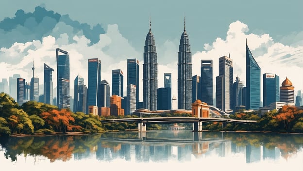 Städtische Skyline mit den Petronas Towers in Kuala Lumpur, umgeben von Hochhäusern und einem Gewässer im Vordergrund.