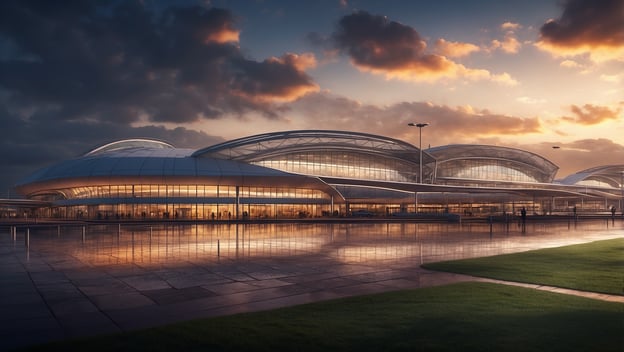 Heathrow lahmgelegt Stromausfall paralysiert Flughafenbetrieb moderne Architektur des Terminals bei Sonnenuntergang.