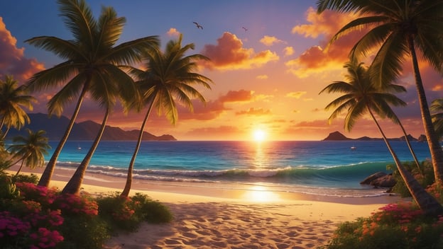 Ein Sonnenuntergang über dem Meer, mit Palmen im Vordergrund und sanften Wellen am Strand, vermittelt ein karibisches Paradies.