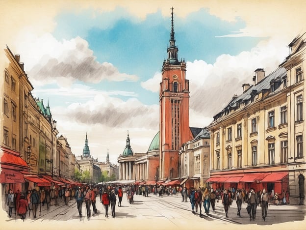 Auf dem Bild ist eine belebte Straße in Warschau zu sehen, die mit Menschen und Straßencafés gesäumt ist. Die Architektur ist charakteristisch für die Stadt, wobei das auffällige Gebäude mit dem hohen Turm im Hintergrund vermutlich einer bekannten Sehenswürdigkeit in Warschau entspricht. Die lebhafte Atmosphäre und die farbenfrohen Markisen schaffen ein einladendes Ambiente, das die kulturelle Vitalität der Stadt widerspiegelt.Warschau ist bekannt für seine reiche Geschichte und vielfältige kulturelle Szene, einschließlich Museen, Theatern und Kunstgalerien, die allesamt zu ihrem einzigartigen Charme beitragen.